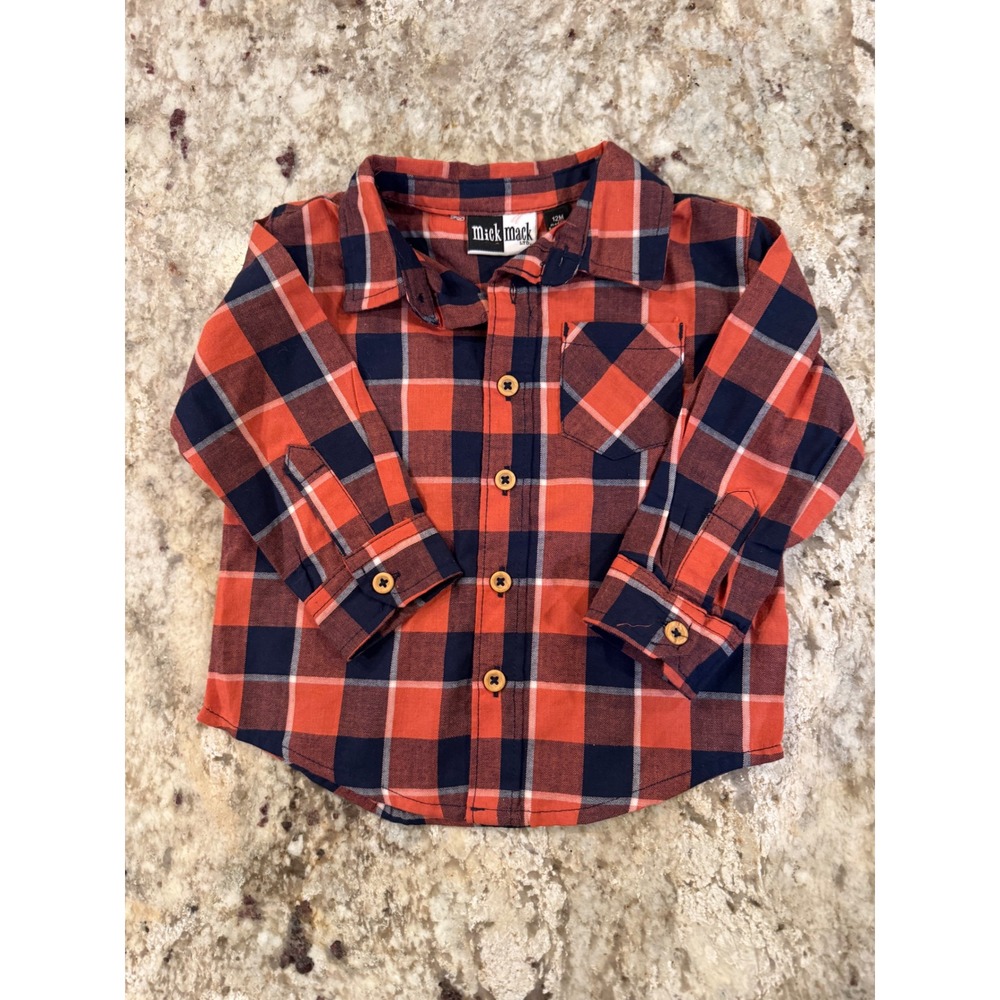 Mick Mack LTD Boys 12M Orange blue Plaid Flannel Button Down Shirt Long Sleeve